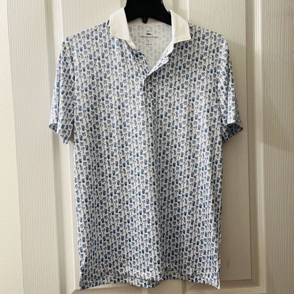 Grayson & Dunn Golf Polo Shirt Mens S All Over Print Tiki Cocktails Drinks SPF50